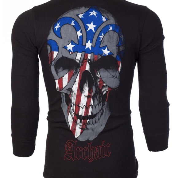 Archaic by Affliction Men's Thermal Shirt BORN PATRIOT Skull Biker Black - Picture 3 of 8